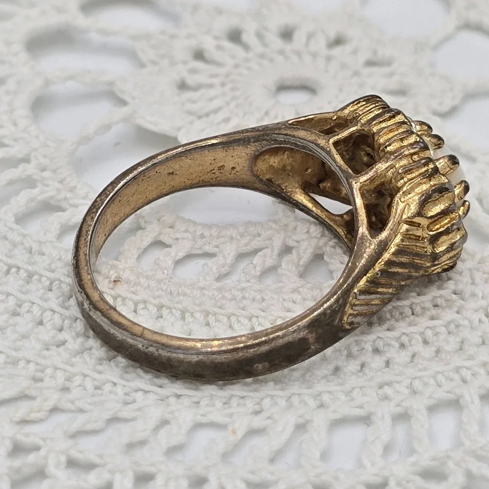 Vintage Cocktail Ring Gold Tone Faux Opal Clear Rhinestones Size 8.5